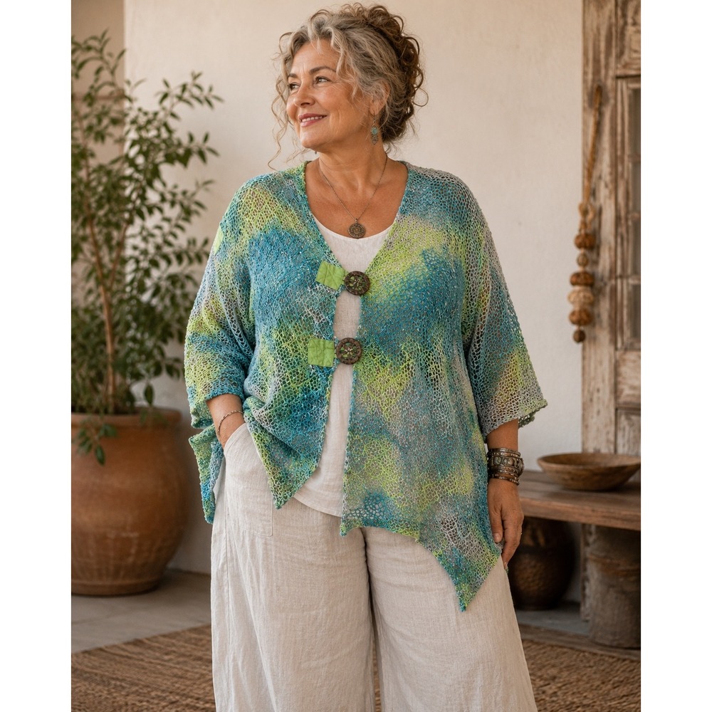 Mirror Image Womens 3X Blue Green Crochet Knit Asymmetrical Button Cardigan P28